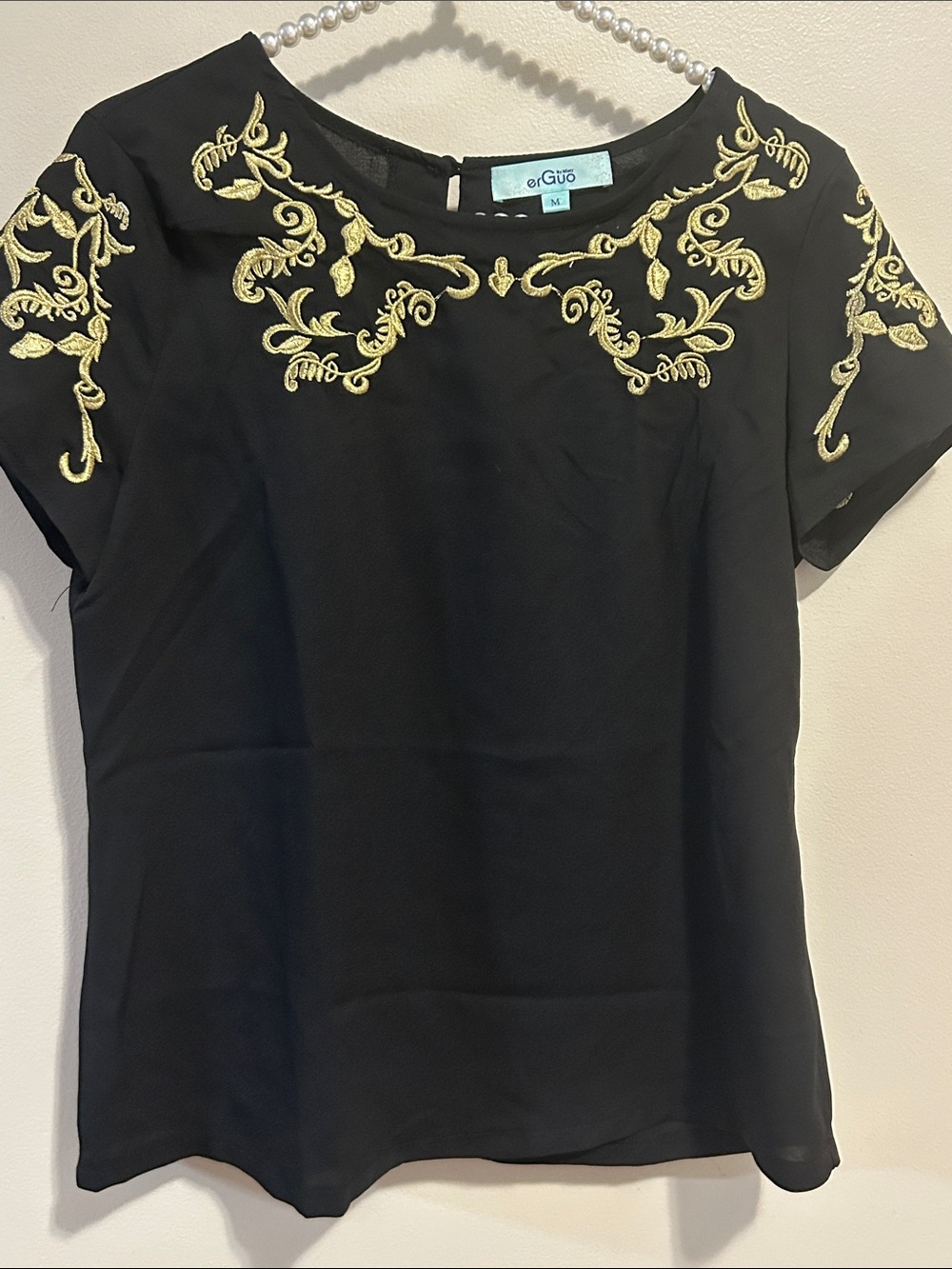 erGuo by Misty Black Gold Embroidered Blouse Size M